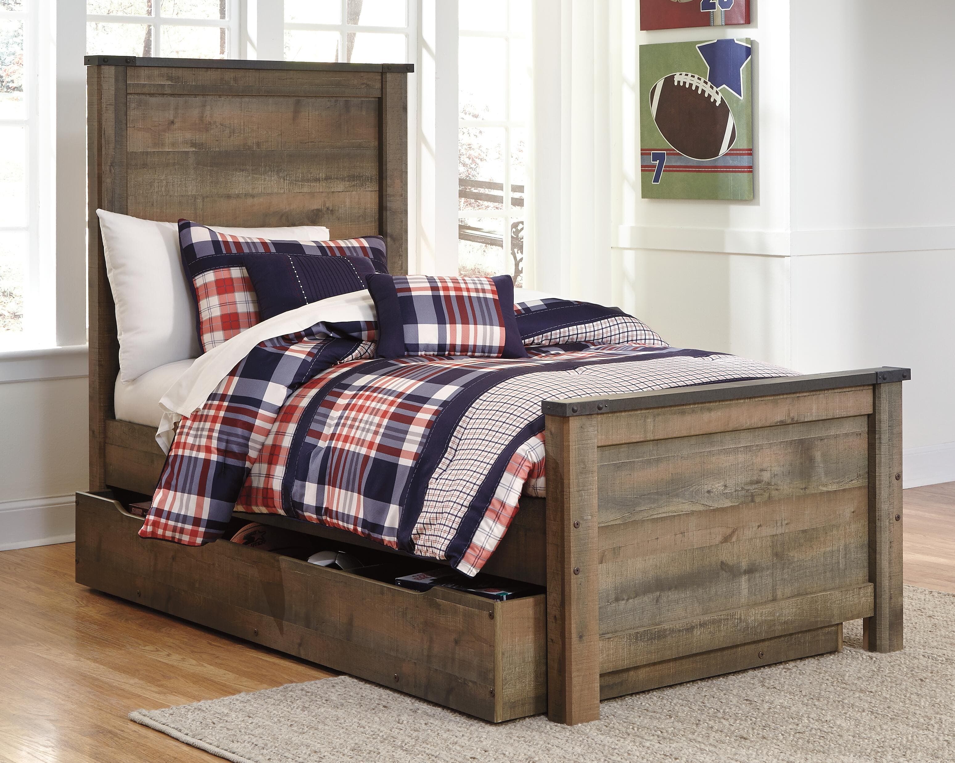 Trinell Twin Panel Bed with 1 Large Storage Drawer — Brown/Beige — view 2