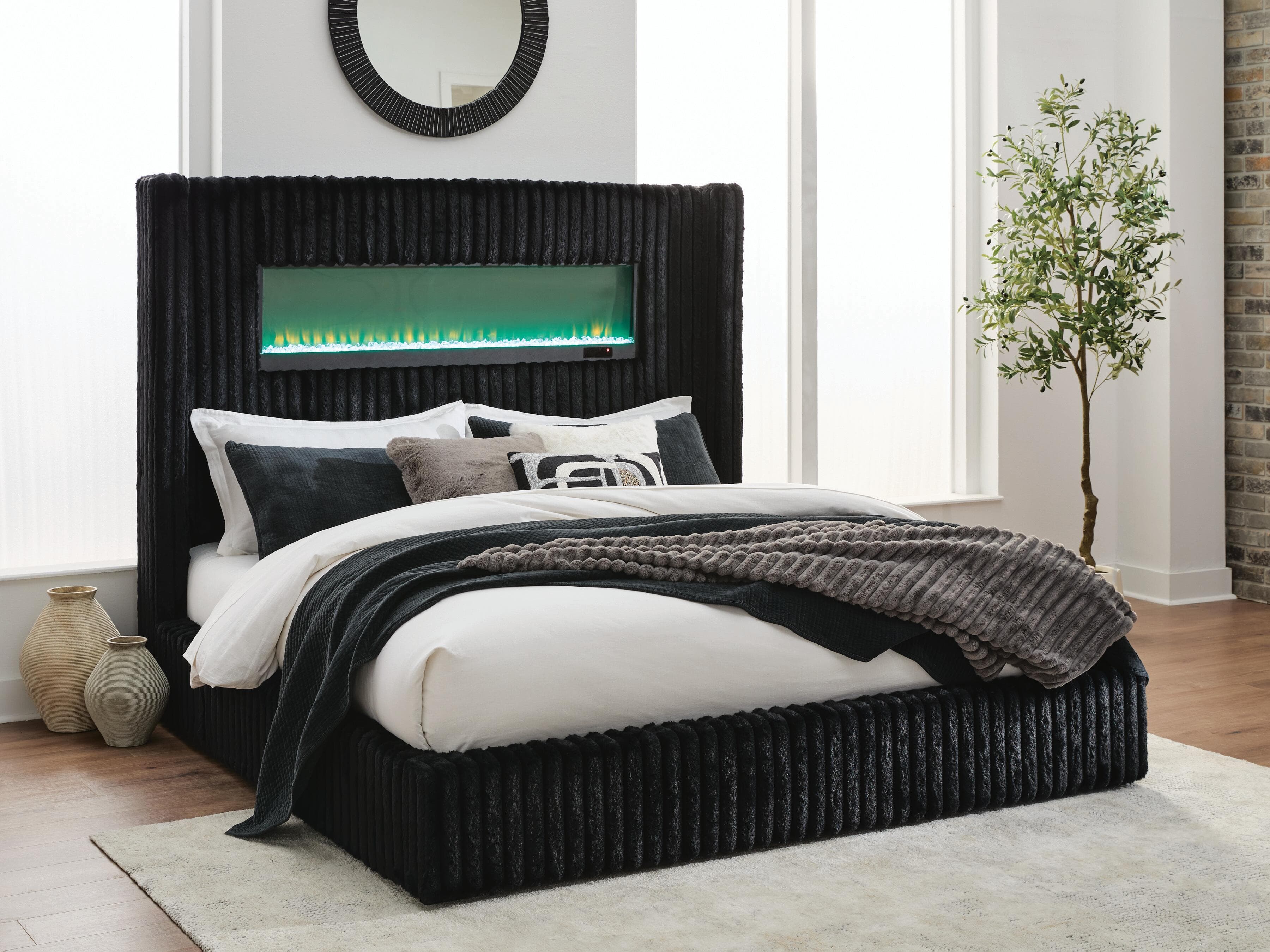 Agrander Queen Upholstered Bed with Fireplace and Wireless Audio — Black — view 7