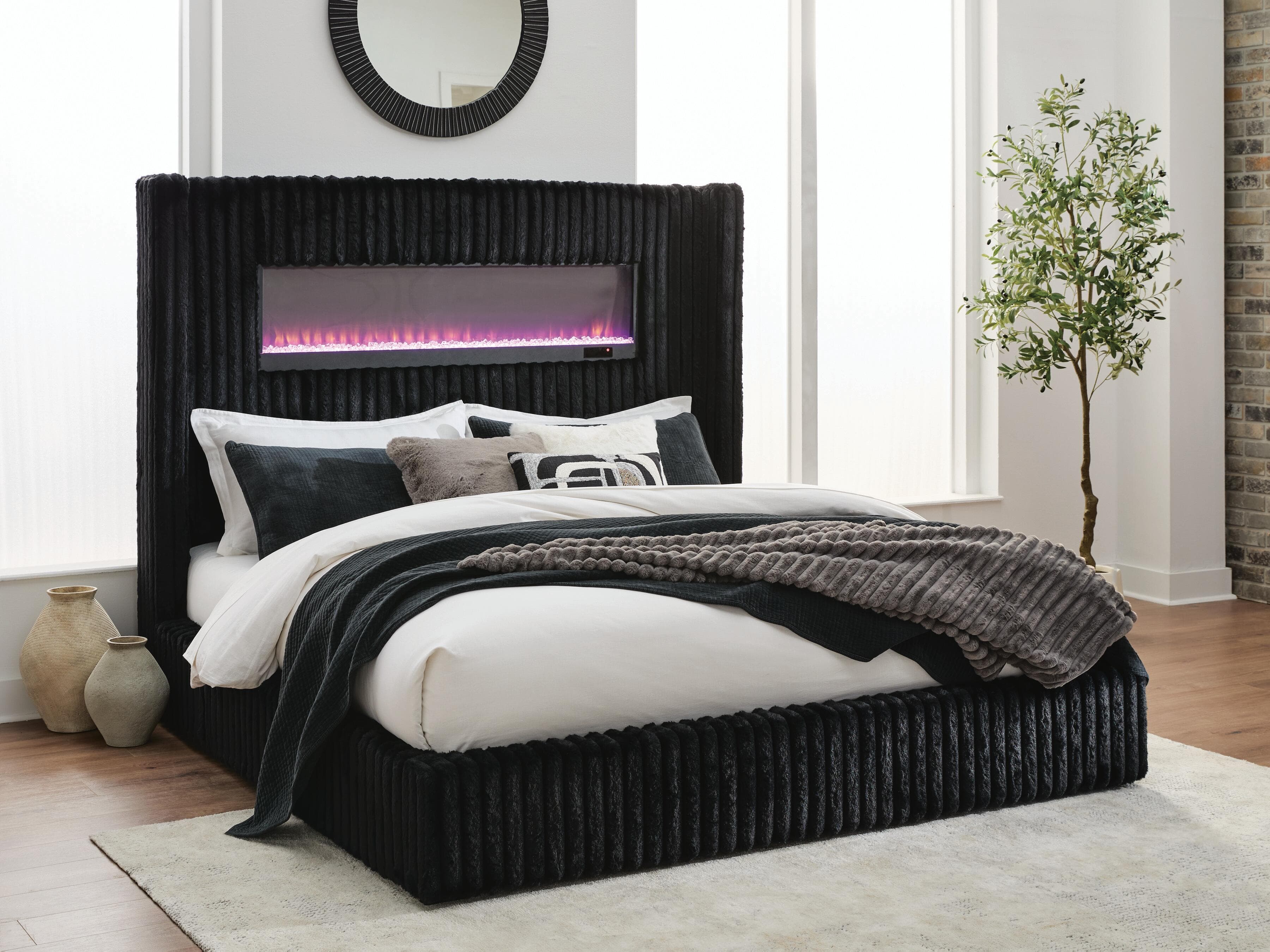Agrander Queen Upholstered Bed with Fireplace and Wireless Audio — Black — view 6