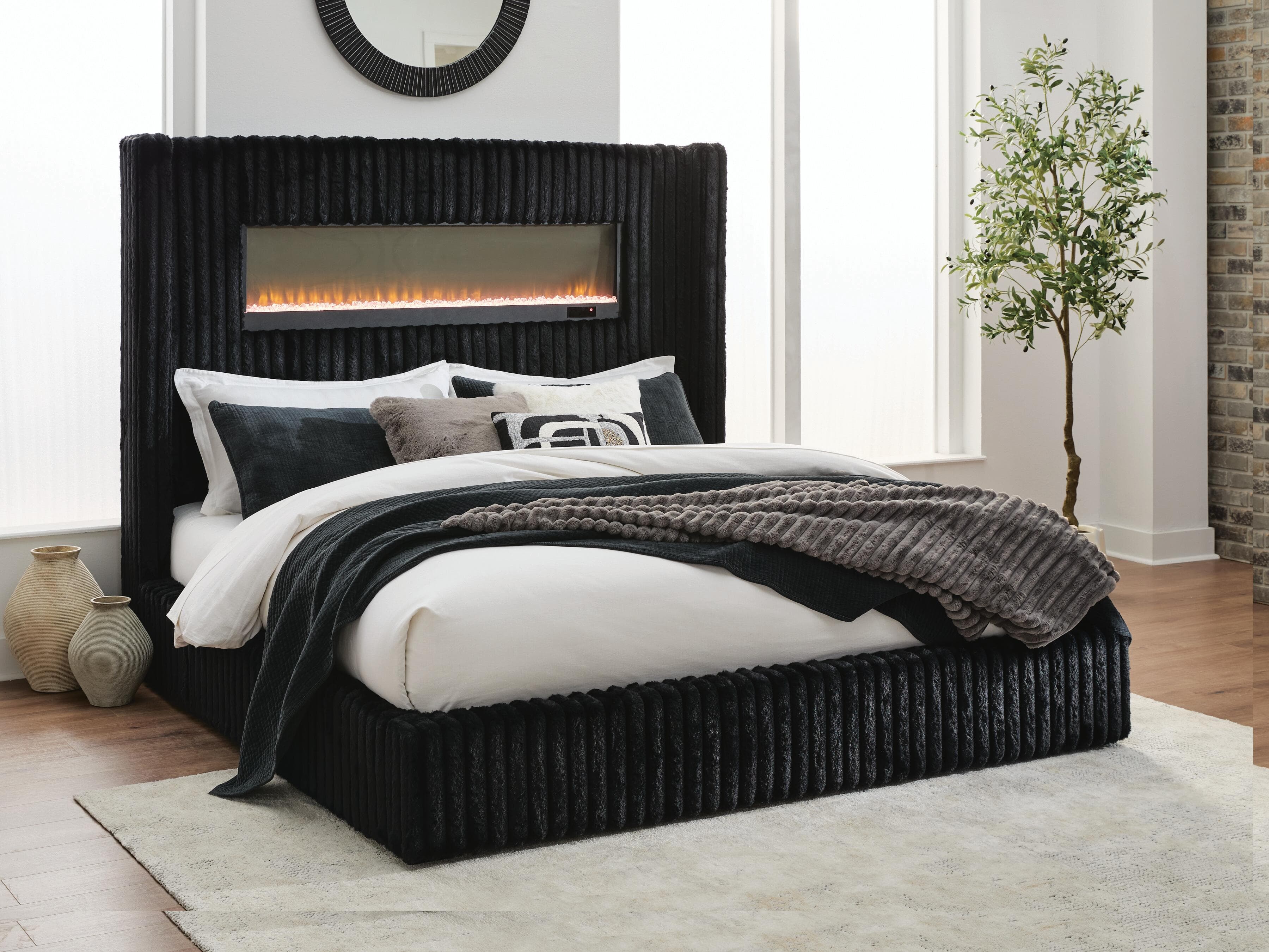 Agrander Queen Upholstered Bed with Fireplace and Wireless Audio — Black — view 5