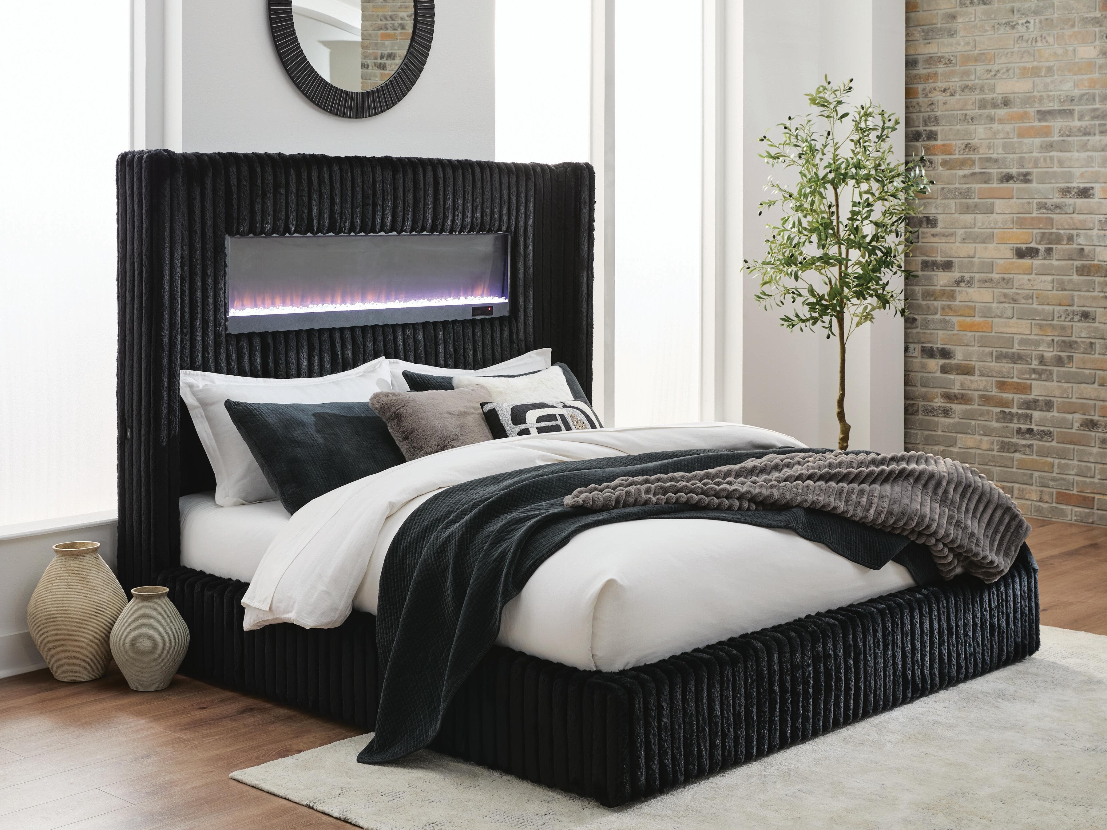 Agrander Queen Upholstered Bed with Fireplace and Wireless Audio — Black — view 8