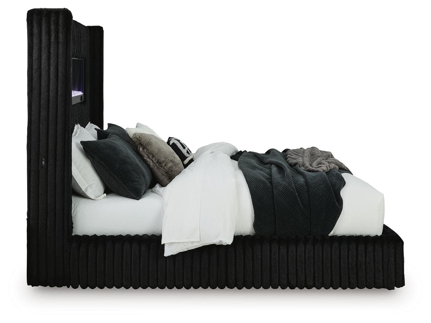 Agrander Queen Upholstered Bed with Fireplace and Wireless Audio — Black — view 4