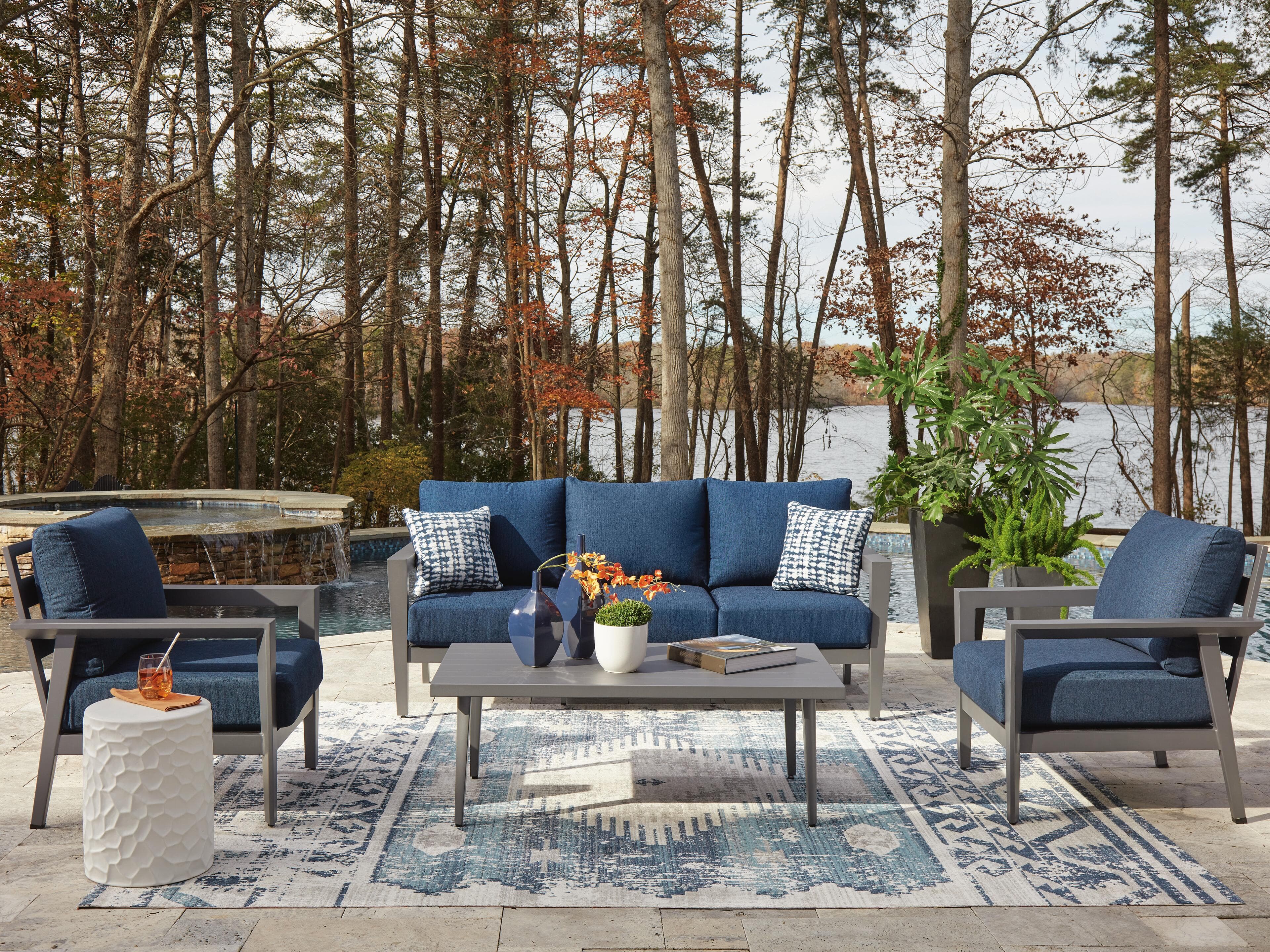 Gali Outdoor Sofa/Chairs/Table Set (Set of 4) — Black/Gray;Blue — view 2