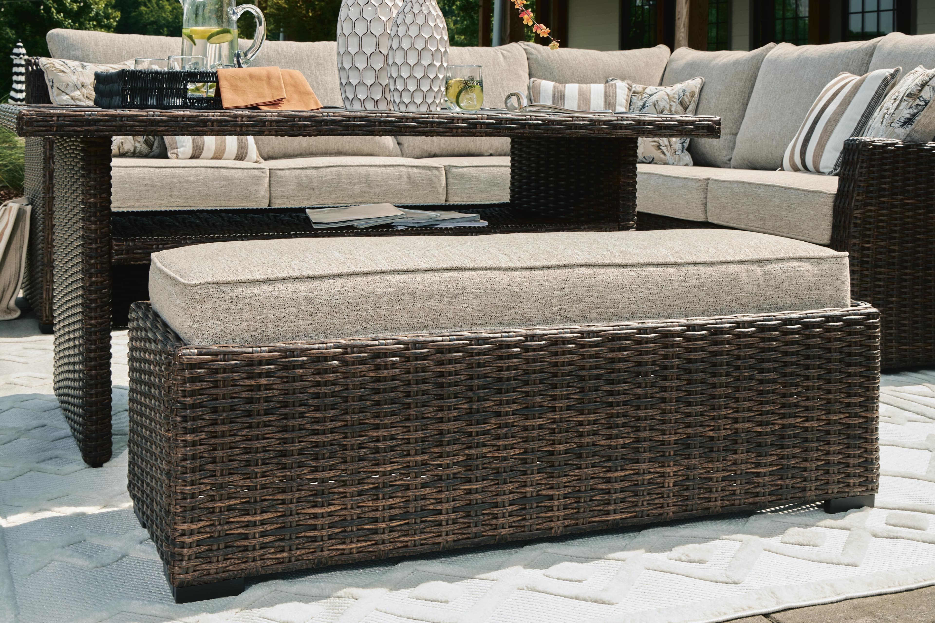 Brook Ranch Outdoor Sofa Sectional/Bench with Cushion (Set of 3) — Brown/Beige — view 6