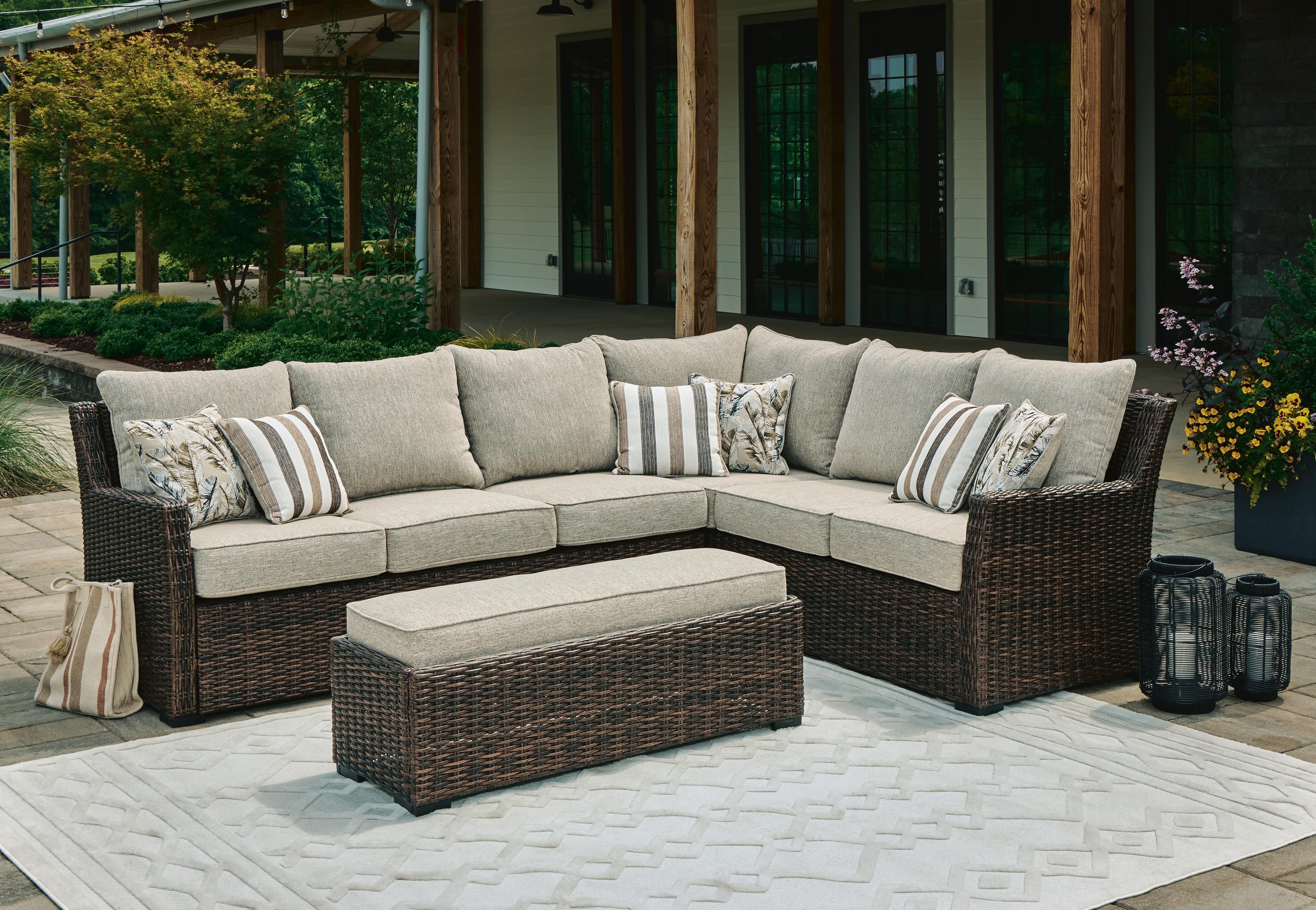 Brook Ranch Outdoor Sofa Sectional/Bench with Cushion (Set of 3) — Brown/Beige — view 2