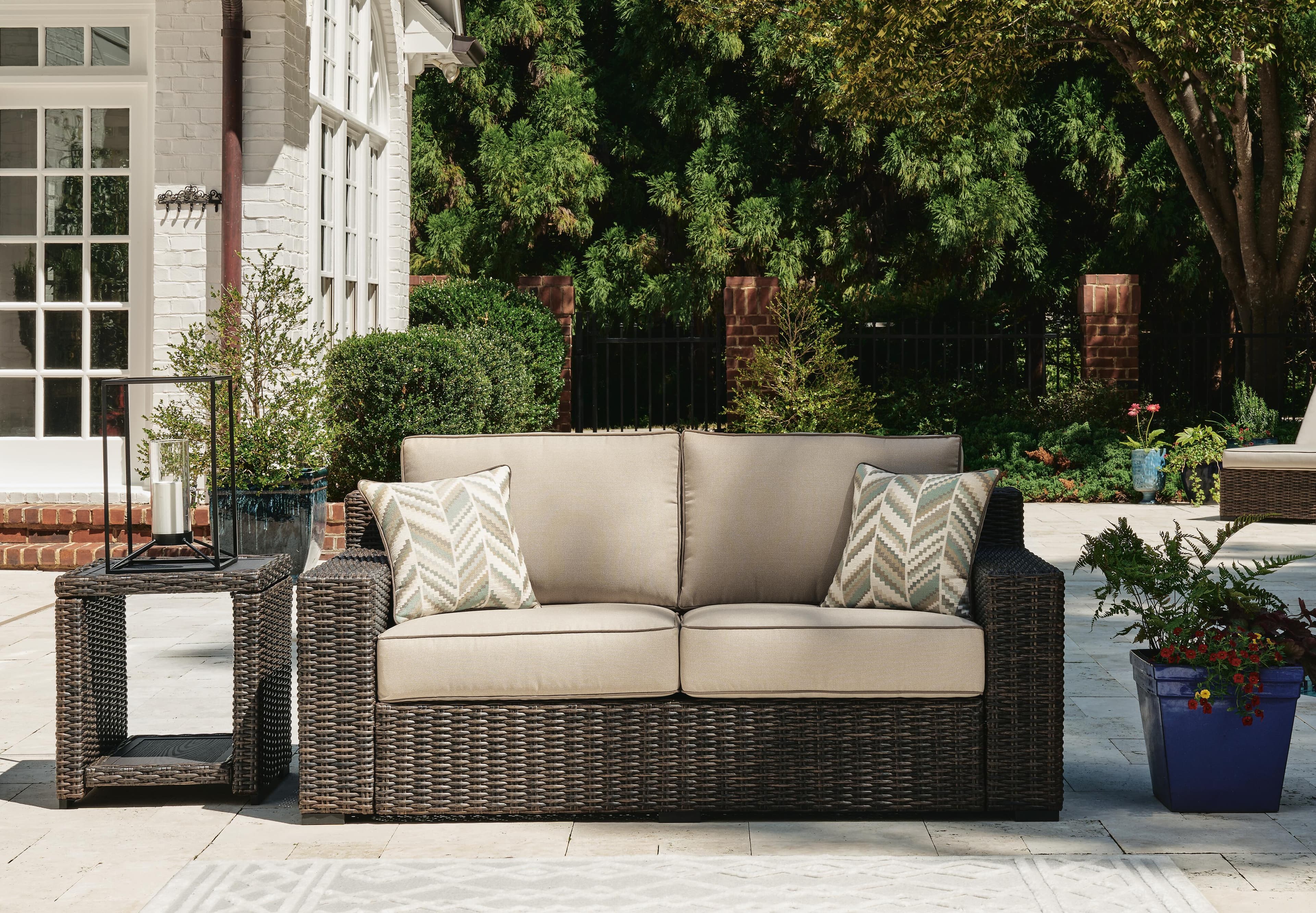 Coastline Bay Outdoor Loveseat with Cushion — Brown/Beige — view 2