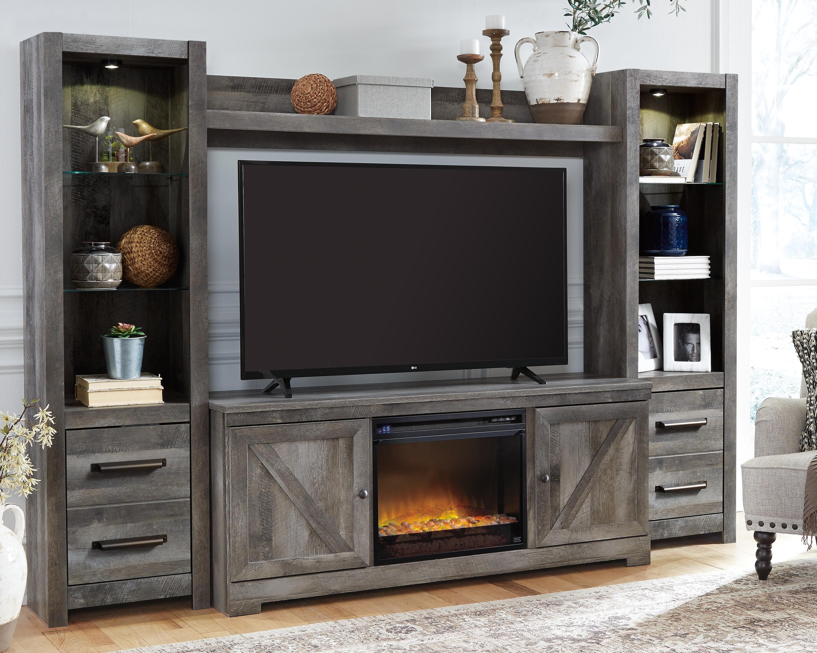 Wynnlow 4-Piece Entertainment Center with Electric Fireplace — Black/Gray — view 2