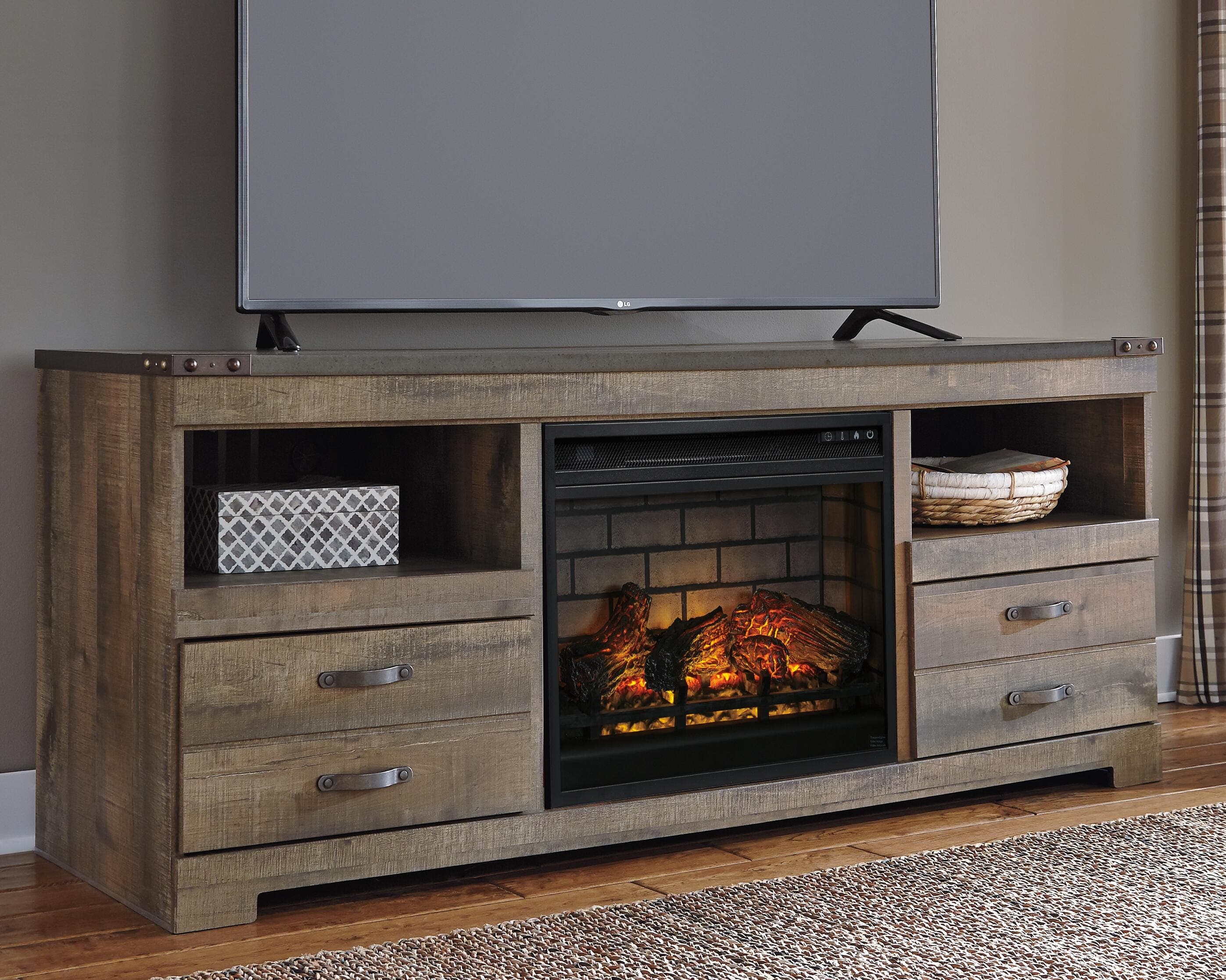 Trinell 63" TV Stand with Electric Fireplace — Brown/Beige — view 2